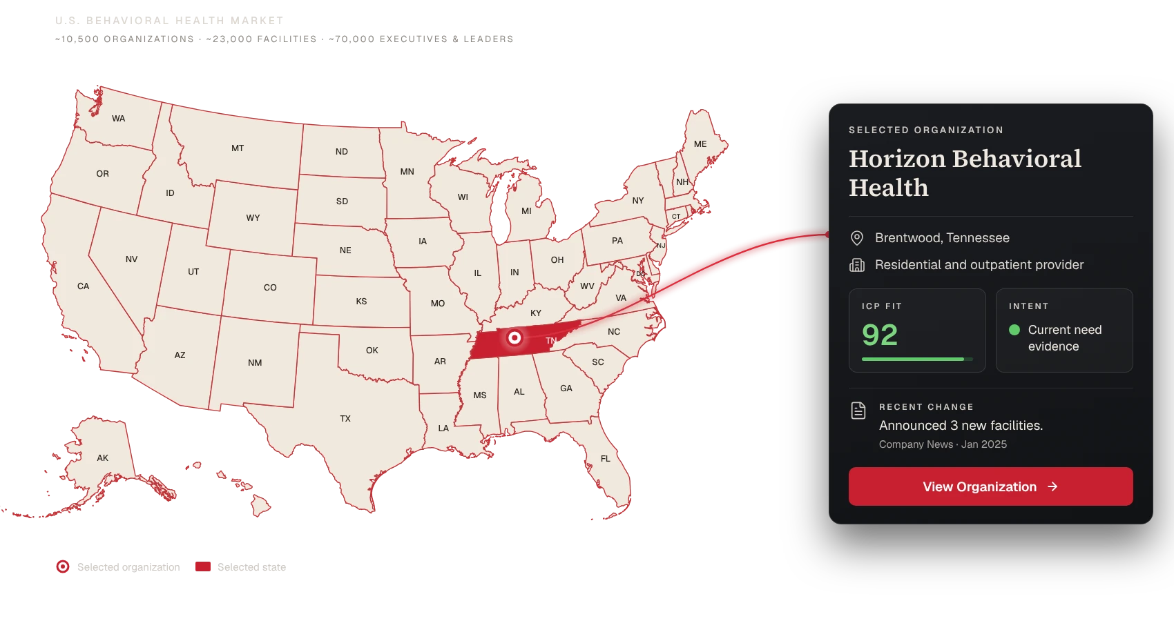 U.S. map with Tennessee selected and Horizon Behavioral Health shown as the selected organization: Brentwood, Tennessee, ICP Fit 92, recently announced 3 new facilities.